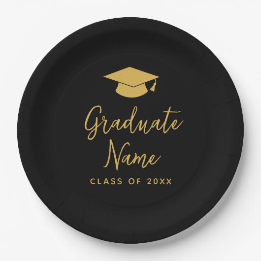 Grand Name Script mit Cap - Black Gold Abschluss Pappteller (Vorderseite)