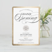 GRAND ÖFFNEN Moderne Veranstaltung schwarzes Gold Einladung (Stehend Vorderseite)