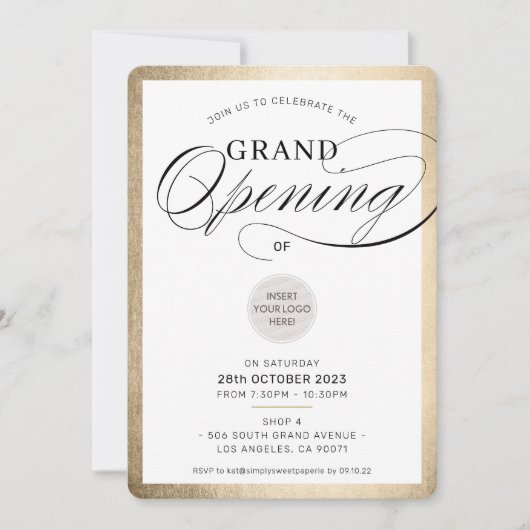 GRAND ÖFFNEN Moderne Veranstaltung schwarzes Gold Einladung (Vorderseite)