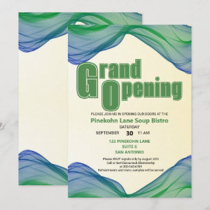 Grand Opening Blue Green Border Watercolor Waves Einladung