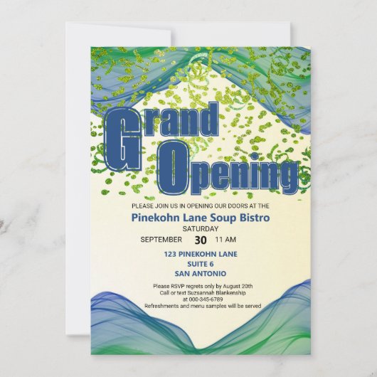 Grand Opening Blue Green Border Waves Einladung (Vorderseite)
