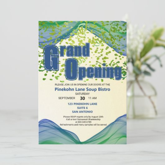 Grand Opening Blue Green Border Waves Einladung (Stehend Vorderseite)
