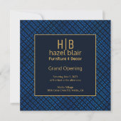 Grand Opening Business Gold Monogram Blue Squares Einladung (Vorderseite)