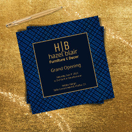 Grand Opening Business Gold Monogram Blue Squares Einladung