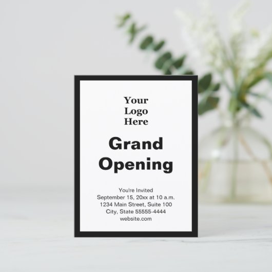 Grand Opening Business Logo Black White Invitation Postkarte (Stehend Vorderseite)