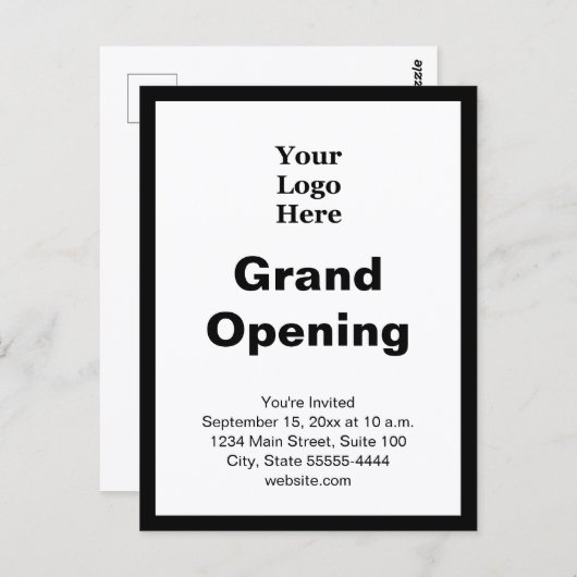 Grand Opening Business Logo Black White Invitation Postkarte (Vorne/Hinten)
