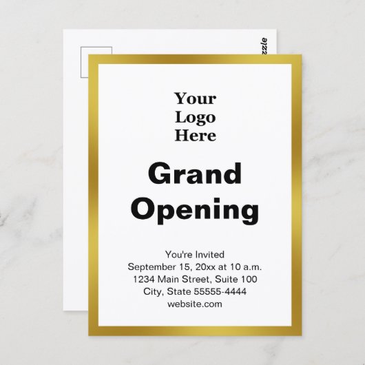 Grand Opening Business Logo Gold White Invitation Postkarte (Vorne/Hinten)