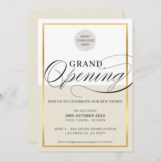 GRAND OPENING-Firmenlogo schwarzes Elfenbeingold Einladung (Vorne/Hinten)