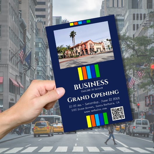 Grand Opening Foto Stripes QR Code Blau Flyer