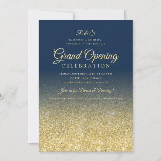 Grand Opening Gold Glam Glitzer Navy Einladung (Vorderseite)