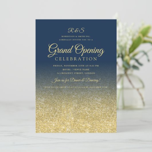 Grand Opening Gold Glam Glitzer Navy Einladung (Stehend Vorderseite)