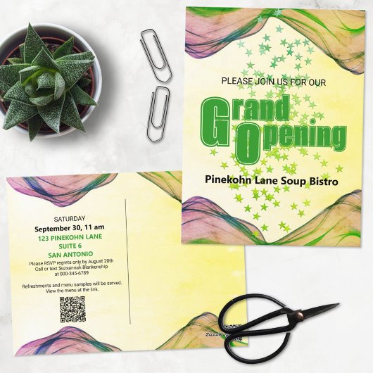 Grand Opening Green Yellow Watercolor Wave Stars Postkarte
