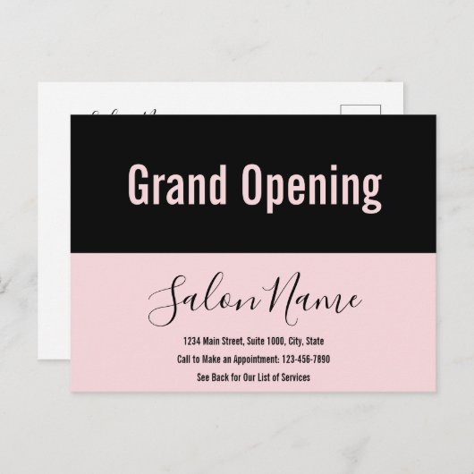 Grand Opening Pale Black Script Schönheitssalon Postkarte (Vorne/Hinten)