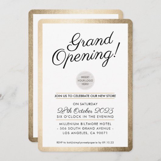 GRAND OPENING PARTY - Modernes Business Gold Einladung (Vorne/Hinten)