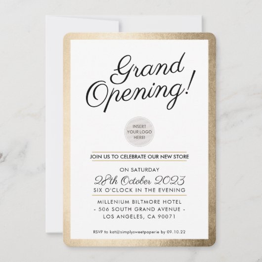 GRAND OPENING PARTY - Modernes Business Gold Einladung (Vorderseite)