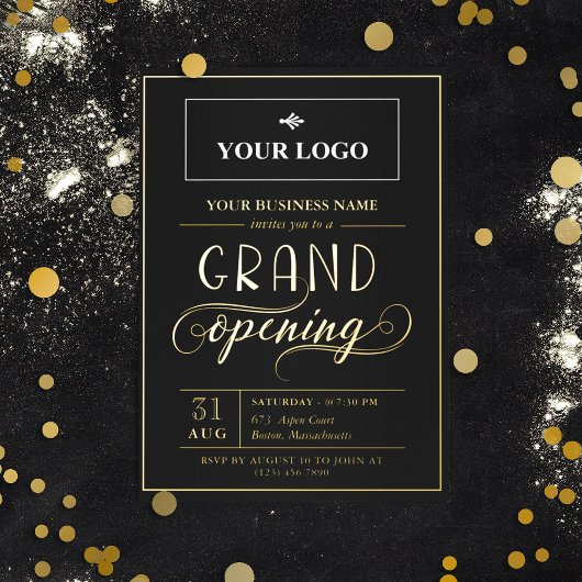 Grand Opening von Schwarz-Gold-Logos Folieneinladung