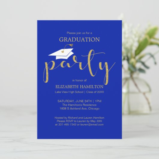 Grand Party Gold Blue Einladungen (Stehend Vorderseite)