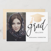 Grand Script Rose Gold Foil Abschluss Hat Foto Einladung (Vorne/Hinten)