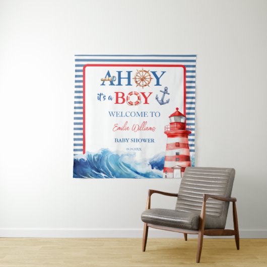 Grand Striped Blue Red Nautical Ahoy Boy Wandteppich (Beispiel)