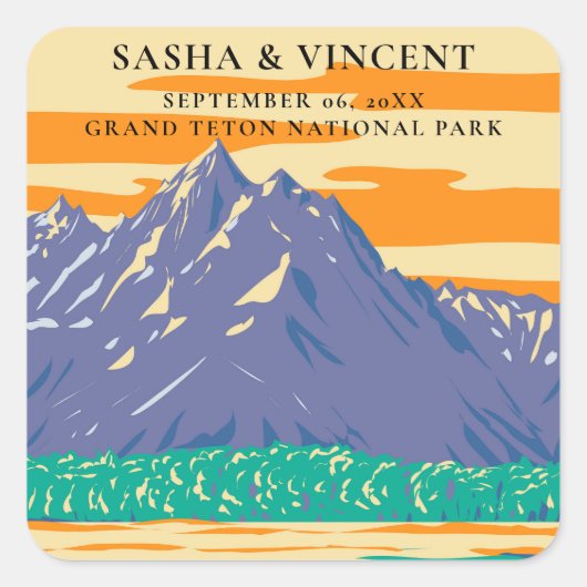 Grand Teton National Park Wedding Retro Quadratischer Aufkleber (Vorderseite)