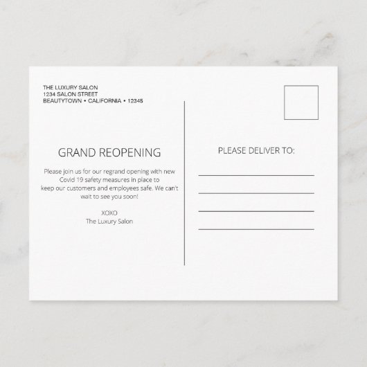 Grand Wiedereröffnung Glam Glitzer Friseur Salon Ankündigungspostkarte (Rückseite)