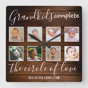 Grandkids Love Quote 8 Photo Collage Rustic Wood Quadratische Wanduhr