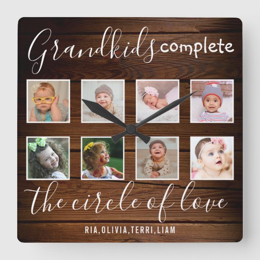 Grandkids Love Quote 8 Photo Collage Rustic Wood Quadratische Wanduhr (Vorderseite)