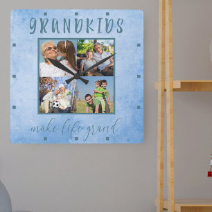 Grandkids macht Leben Grand 4 Foto Blue Watercolor Quadratische Wanduhr