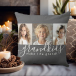 Grandkids Make Life Grand 3 Foto Collage on Grau Kissen<br><div class="desc">Dieses personalisierte Kissendesign ist ein durchdachtes Geschenk für Großeltern und verfügt über eine 3-Foto-Vorlage, mit der Fotos der Enkel personalisiert werden können. Eine Kombination moderner handgeschriebener Schrift kombiniert mit einem modernen serifenlosen Sans-Schriftart schreibt: "Enkel machen das Leben großartig!" Der Hintergrund ist ein neutraler, trendiger Grau, der ein gemütliches Ambiente bietet....</div>