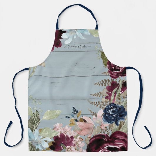 Grandma Burgundy Floral Pink Peony Dusty Blue Wood Schürze (Vorderseite)