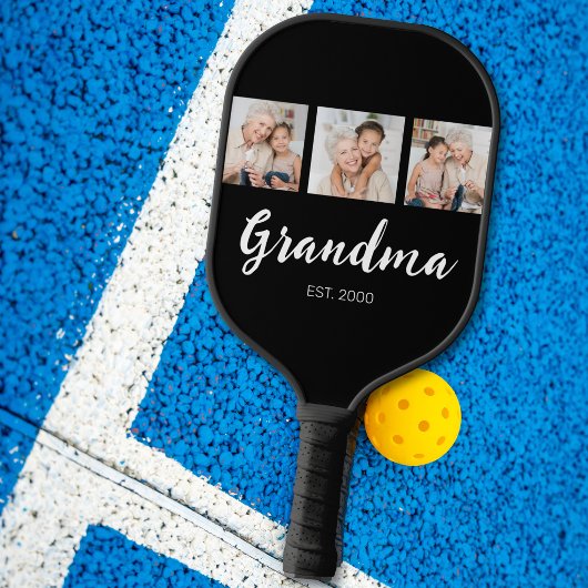 Grandma Established Elegant Script 3 Photo Black Pickleball Schläger