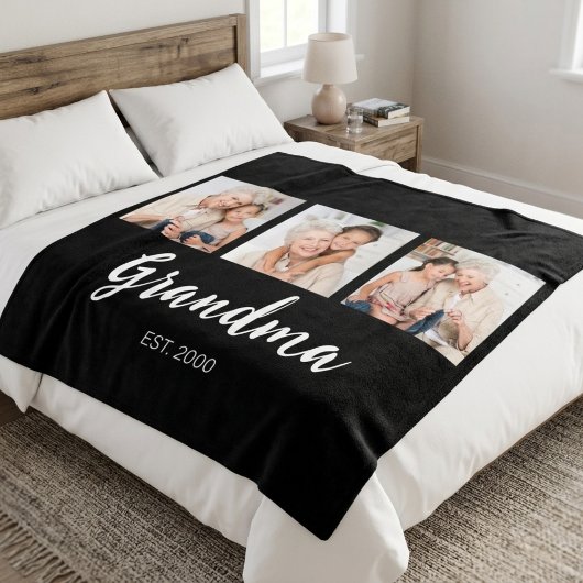 Grandma Established Elegant Script Black 3 Photo Fleecedecke