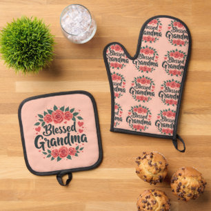 Grandma Floral Vintage Rose Typografie Ofenhandschuh & Topflappen-Set