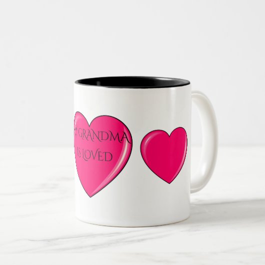 GRANDMA mit rosa Herzen Kaffee oder Tee Tasse. Zweifarbige Tasse (VorderseiteRechts)