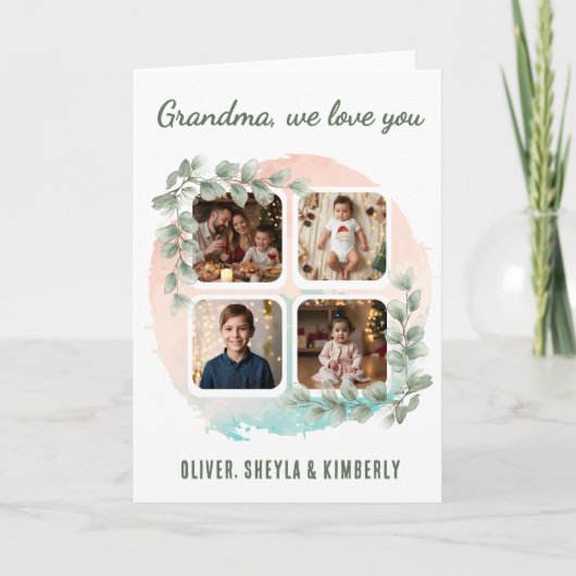 Grandma we love you 6 Photo Collage Eucalyptus Karte (Vorderseite)
