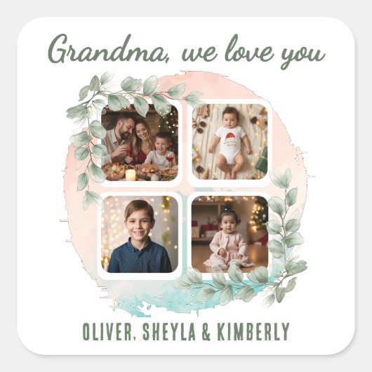 Grandma we love you 6 Photo Collage Eucalyptus Quadratischer Aufkleber (Vorderseite)