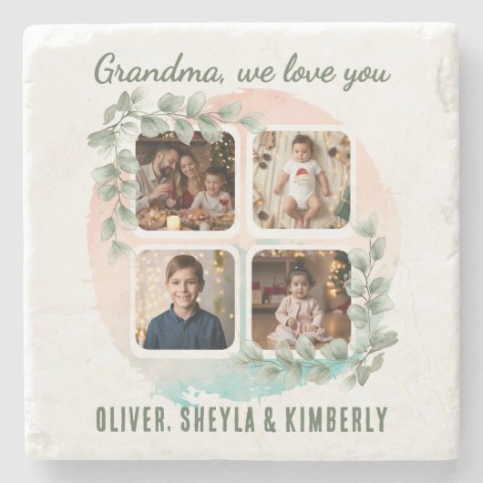 Grandma we love you 6 Photo Collage Eucalyptus Steinuntersetzer (Vorderseite)