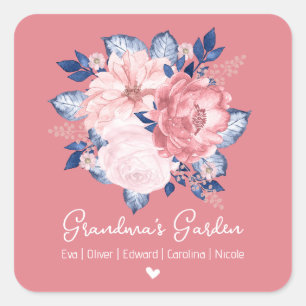 Grandmas Gartennamen Niedliche Wasserfarbe Rosa Bl Quadratischer Aufkleber