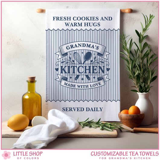 Grandmas Kitchen Blue Stripes Customizable Geschirrtuch