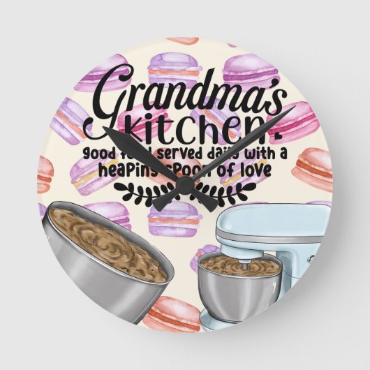 Grandma's Kitchen Good Food Served Daily with a He Runde Wanduhr (Vorderseite)