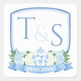 Grandmillenial Blue and White Wedding Wappen Quadratischer Aufkleber