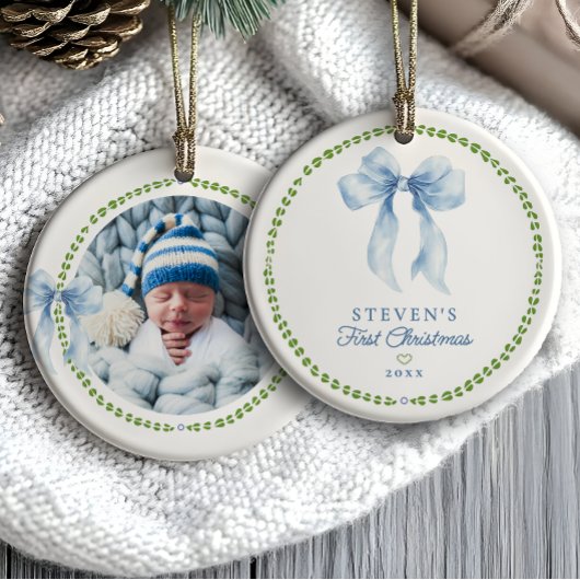 Grandmillenial Bows Baby's First Christmas Foto Keramik Ornament