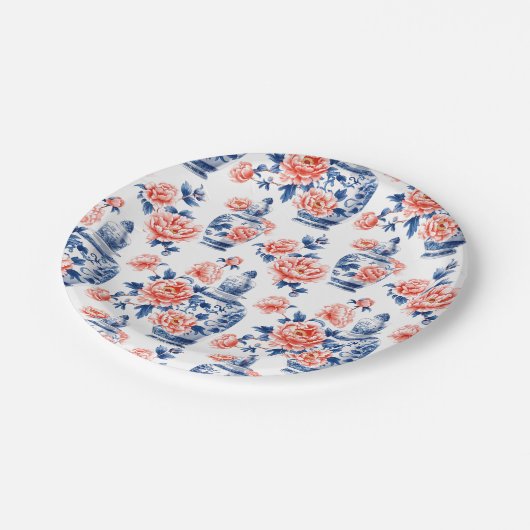 Grandmillenial Chinoiserie Ginger Jar Pink Peonies Pappteller (Schrägansicht)