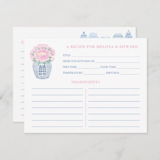 Grandmillenial Pink Peony Blue & White Rezept Card Einladung (Vorne/Hinten)