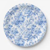 Grandmillennial Blau Toile Rosen Florales Papierta Pappteller (Vorderseite)