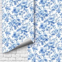 Grandmillennial Blau Toile Rosen Floraltapete