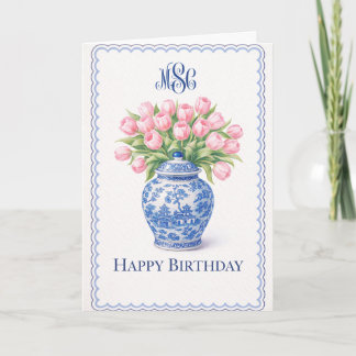 Grandmillennial Blaue Ingwer-Vase Rosa Tulpen Karte