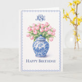 Grandmillennial Blaue Ingwer-Vase Rosa Tulpen Karte (Gelbe Blume)