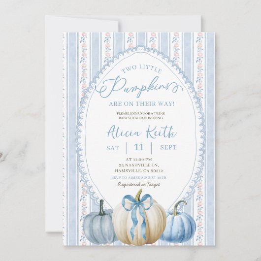 Grandmillennial Blue Pumpkin Boy Twins Baby Dusche Einladung (Vorderseite)