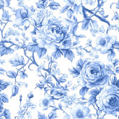 Grandmillennial Blue Toile Roses Floral Table Runn Großer Tischläufer